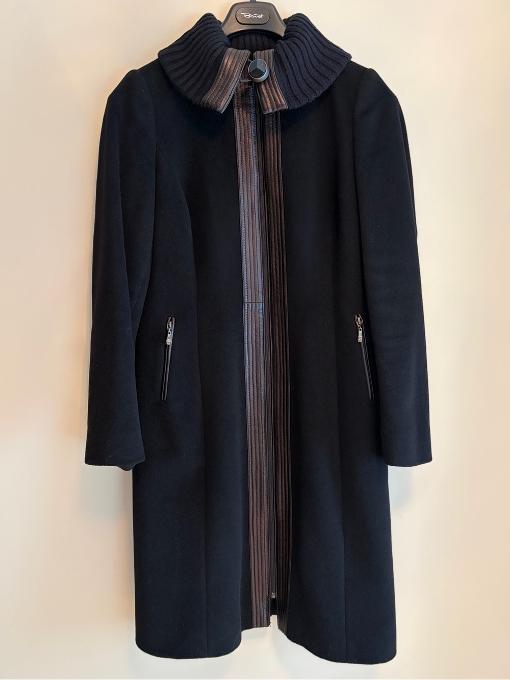 Raffinati long black wool coat with leather trim